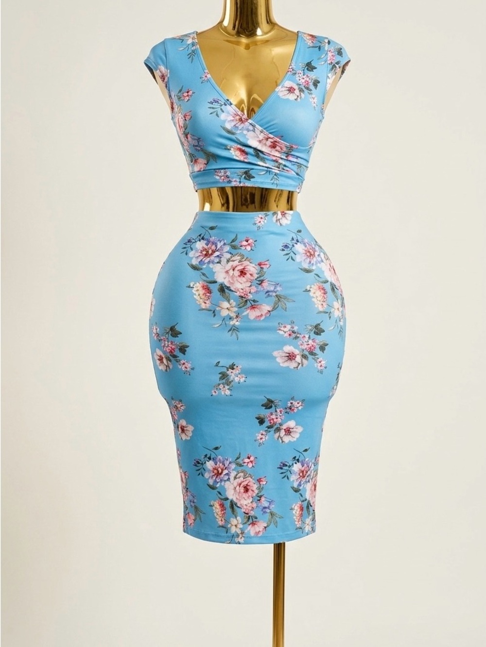 Joe & Elle Sky Blue Floral Pencil Skirt Set with Wrap Crop Top